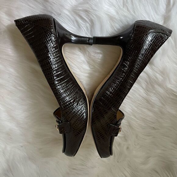 Alex Marie brown leather reptile prints 3”heels slip on with gold tone accent - Picture 5 of 10